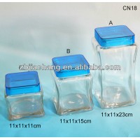 3 sizes clear square glass cookie jars wth blue lid